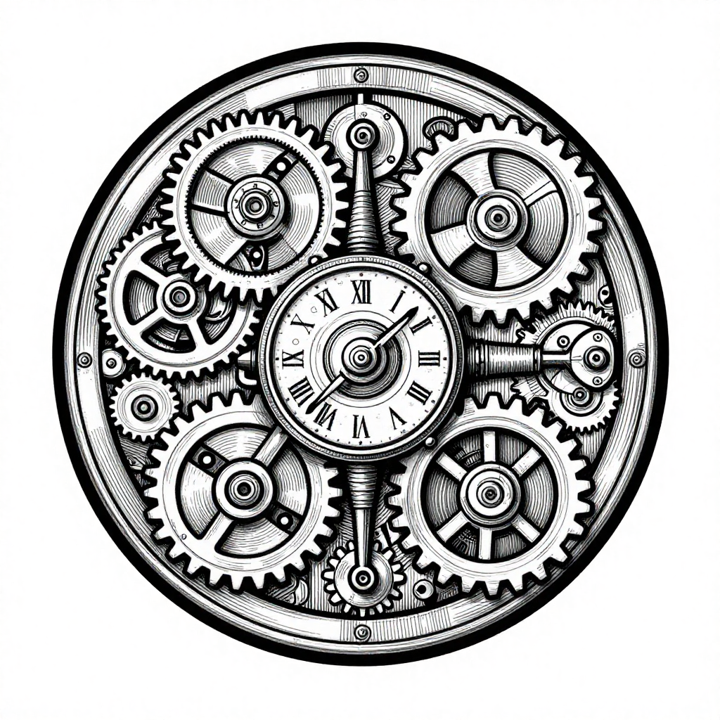 Illustration of a circular clockwork mechanism with interlocking gears and a vintage clock face in black and white.