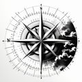 A geometric compass rose in black and white with intricate linework and directional symbols.
