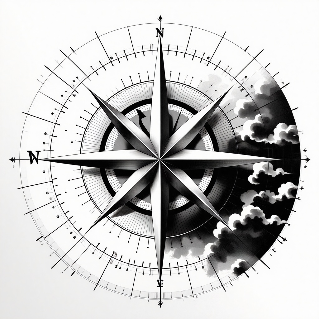 A geometric compass rose in black and white with intricate linework and directional symbols.