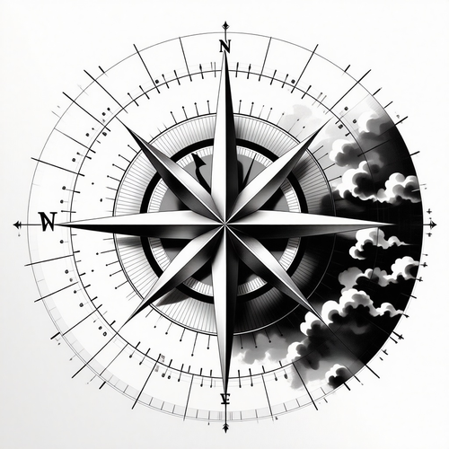 A geometric compass rose in black and white with intricate linework and directional symbols.