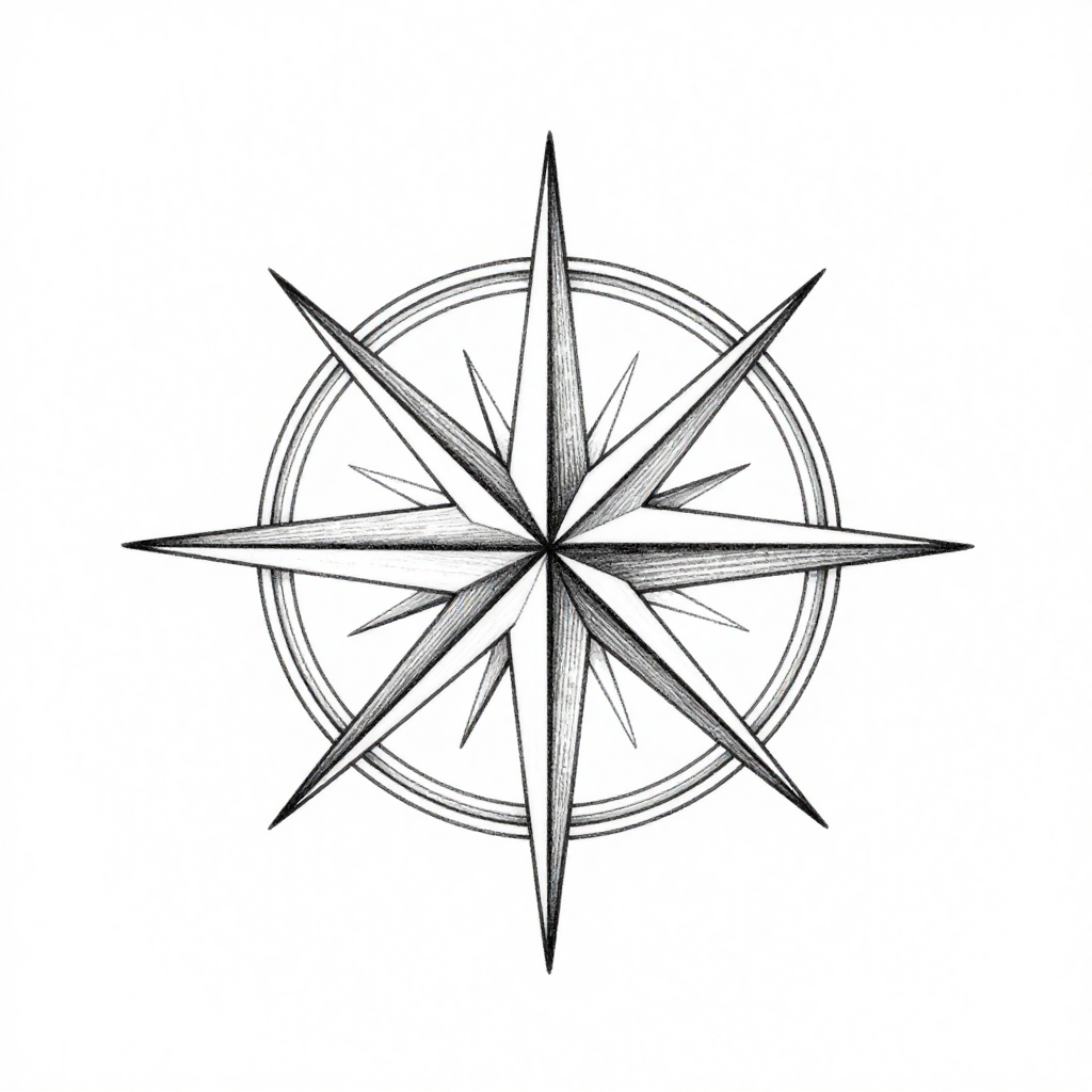 A detailed compass rose in black and white with intricate linework.