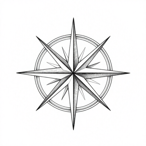 A detailed compass rose in black and white with intricate linework.