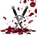 Two crossed daggers piercing through rose petals in a graphic style.