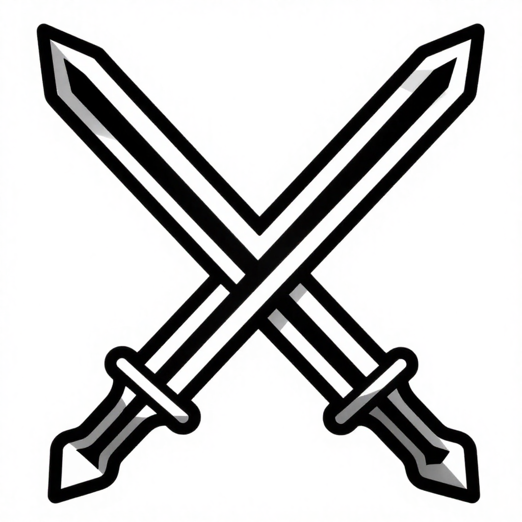 Illustration of two crossed swords in black and white with a minimalist design.