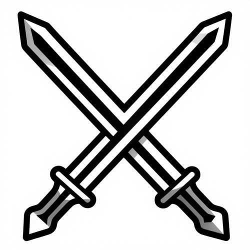 Illustration of two crossed swords in black and white with a minimalist design.