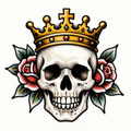 A crowned skull with roses in a neo-traditional style, featuring bold lines and vibrant colors.