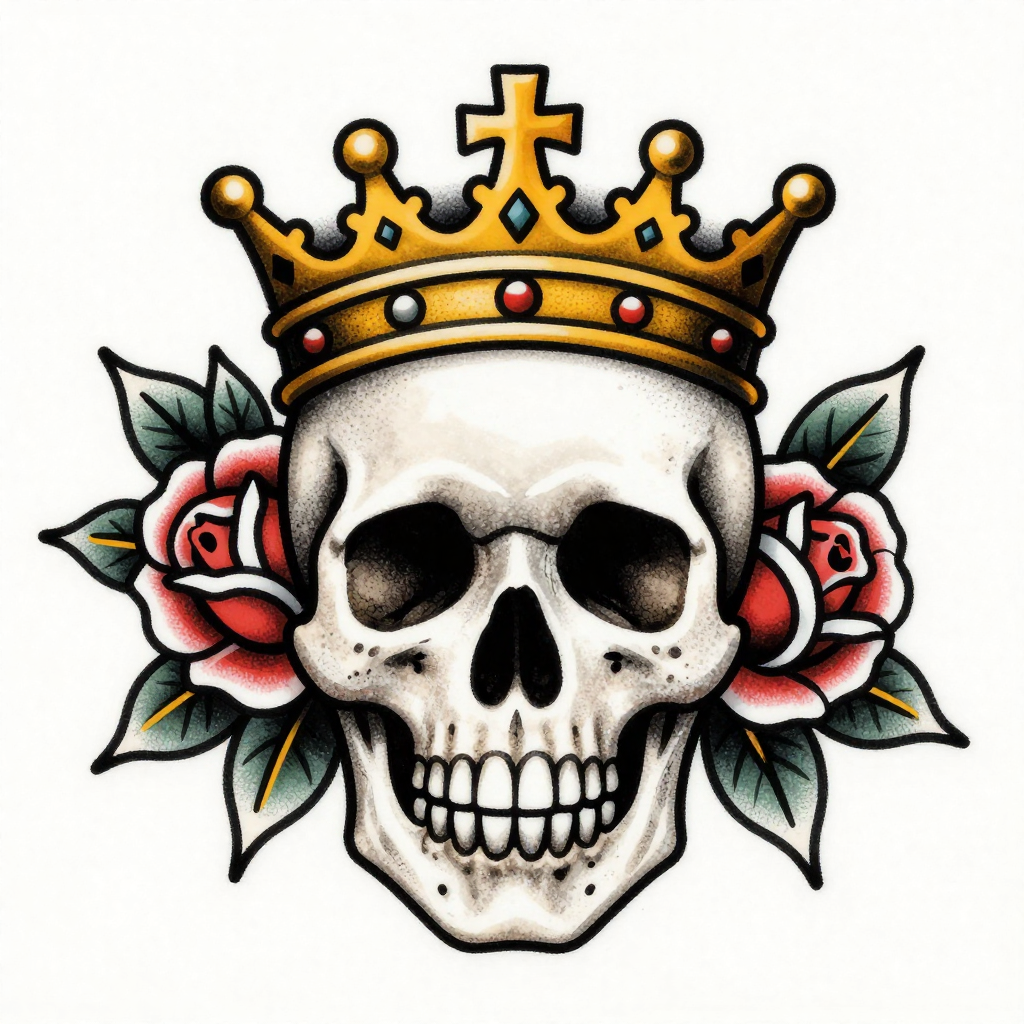 A crowned skull with roses in a neo-traditional style, featuring bold lines and vibrant colors.