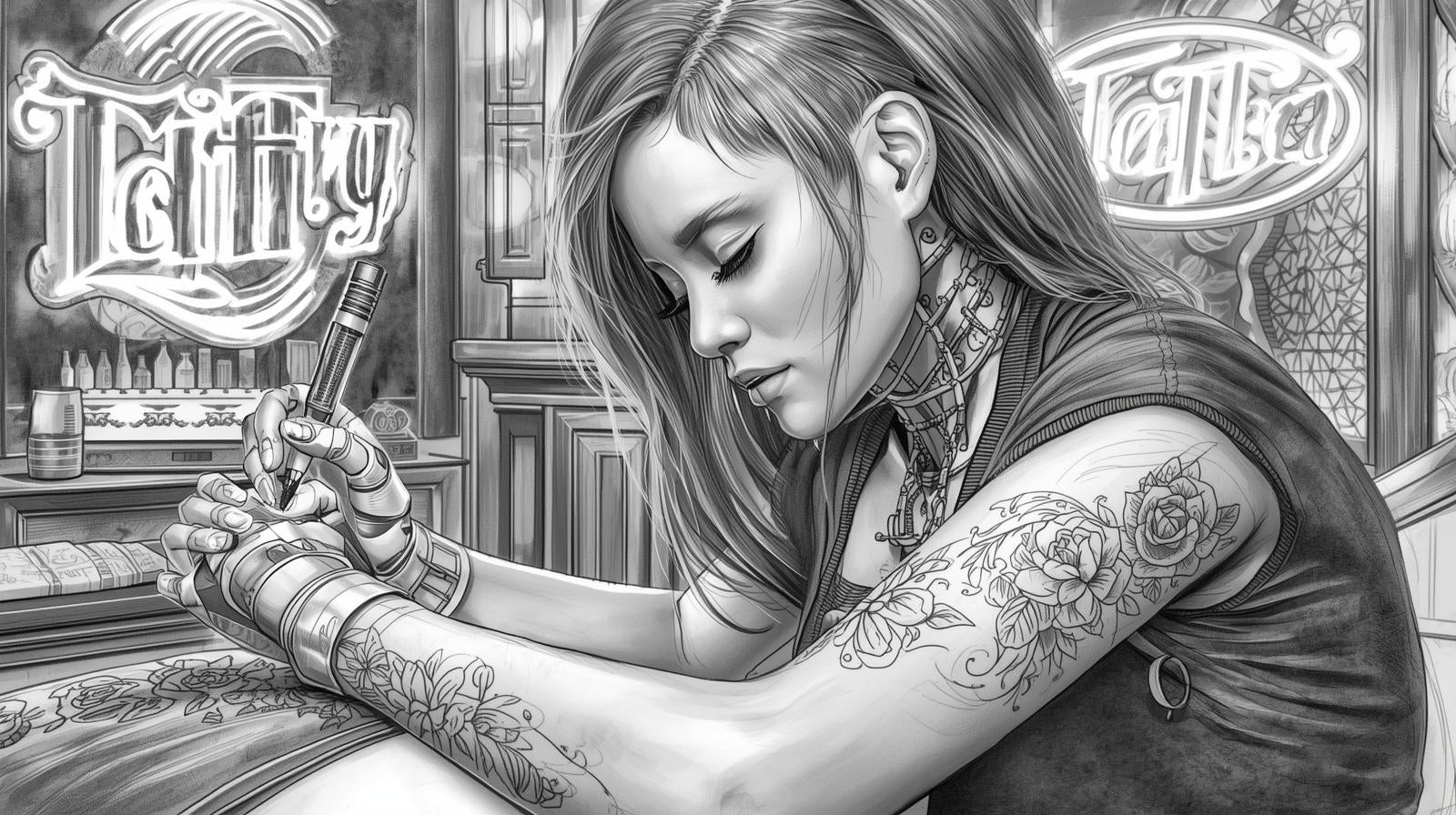A female artist with tattoos in a cyberpunk setting creating intricate designs.
