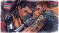 A cyborg tattoo artist intensely working on a man's arm in a futuristic setting with neon lights.
