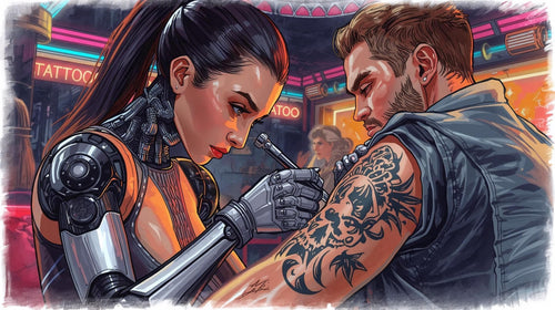 A cyborg tattoo artist intensely working on a man's arm in a futuristic setting with neon lights.