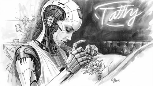 A cyborg artist intricately working on a floral design in a monochrome setting with a neon sign.