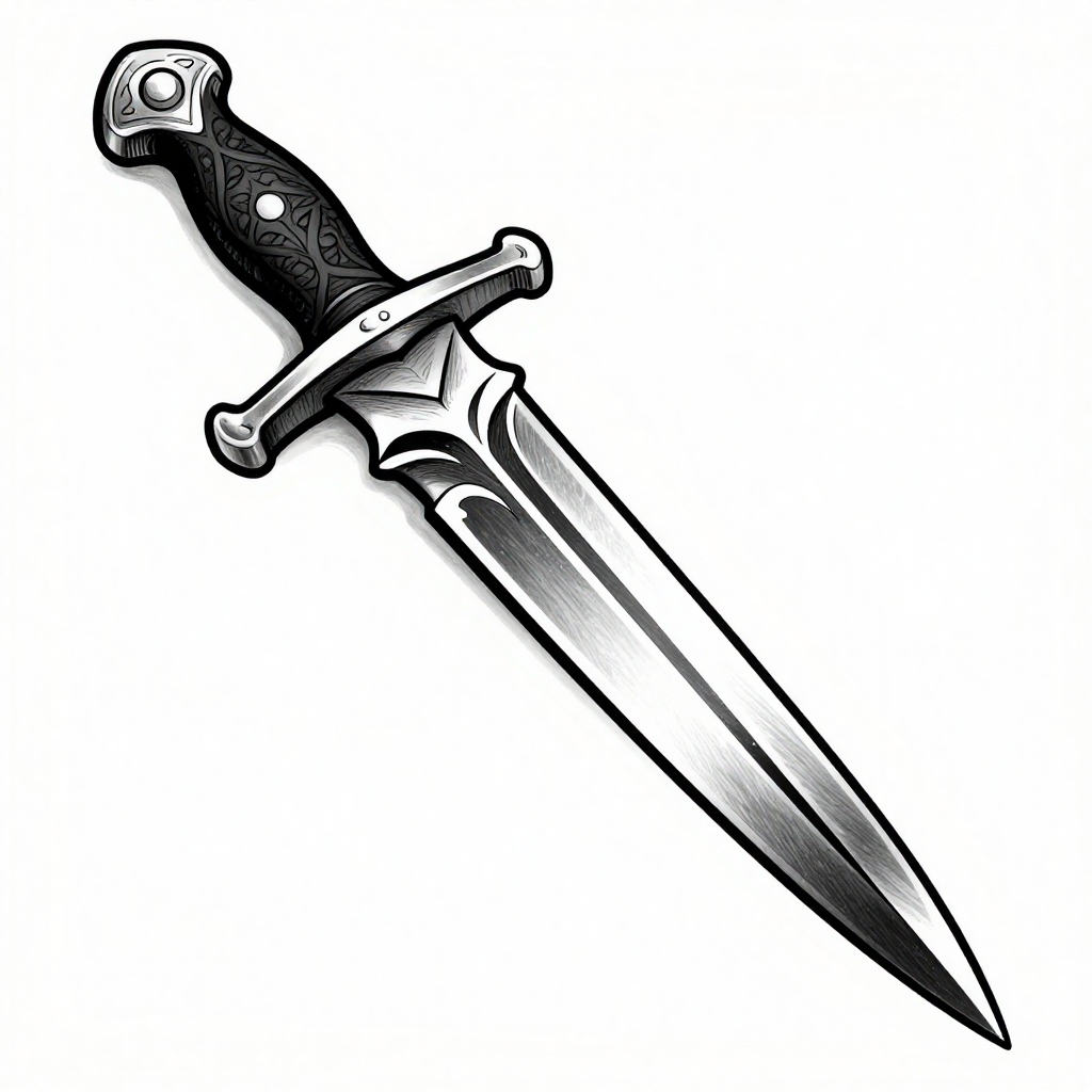 Illustration of a detailed black and white dagger with intricate engravings.