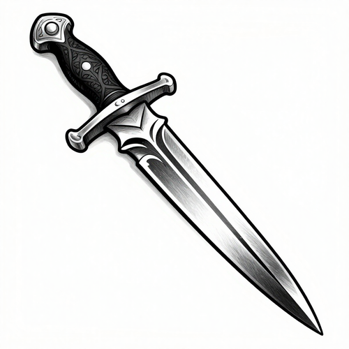 Illustration of a detailed black and white dagger with intricate engravings.