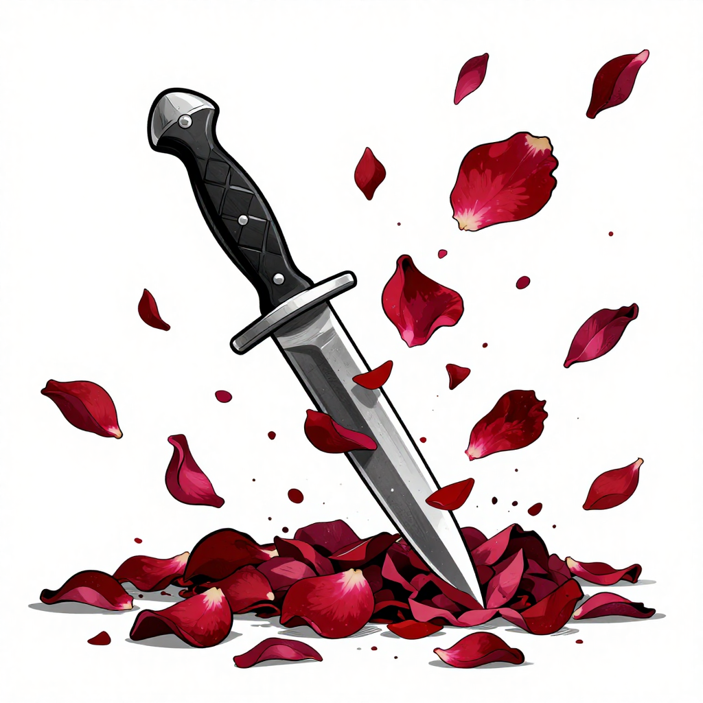 A dagger with a black handle piercing through red rose petals, creating a dramatic scene.