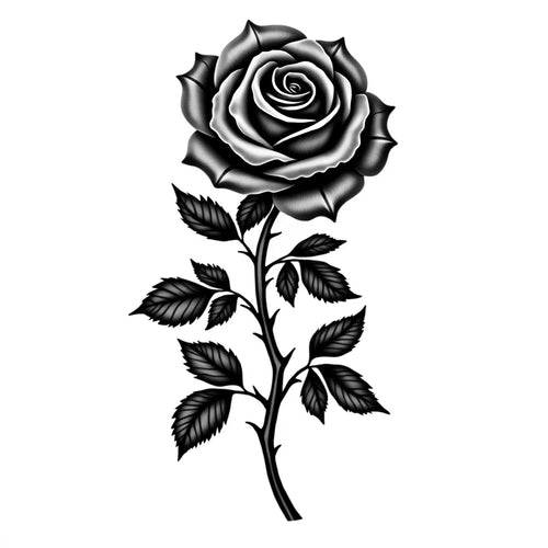 Black and white illustration of a single rose with detailed petals and leaves.