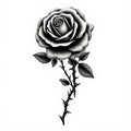A detailed black and white illustration of a rose with a thorny stem in neo-traditional style.