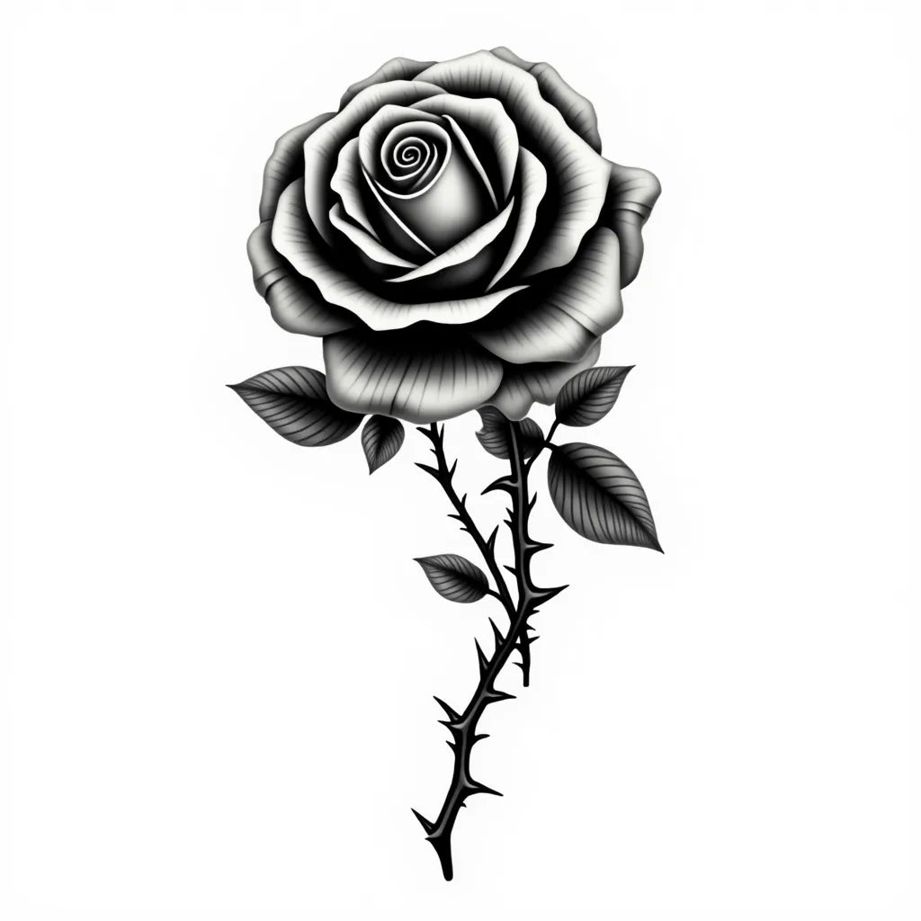 A detailed black and white illustration of a rose with a thorny stem in neo-traditional style.