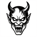 Illustration of a demonic face with horns and a fierce expression in black and white.