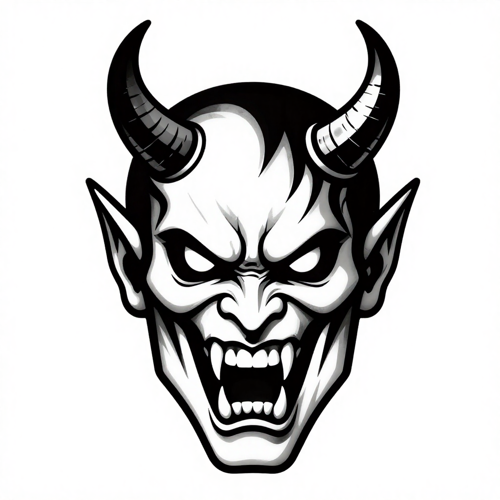 Illustration of a demonic face with horns and a fierce expression in black and white.