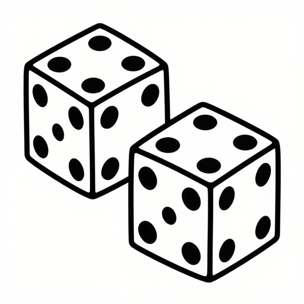 Illustration of two dice with bold outlines in black and white, emphasizing minimalism and simplicity.