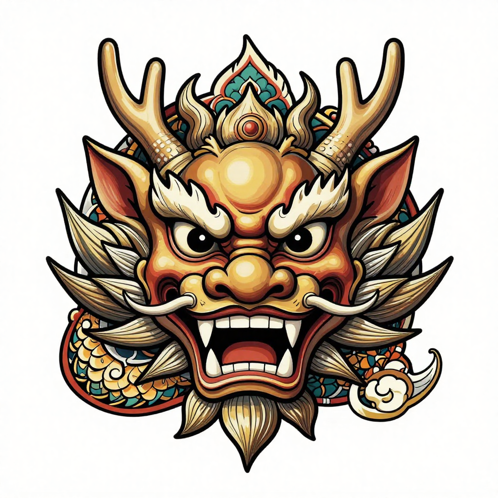 Illustration of a dragon face in neo-traditional style with vibrant colors and intricate details.