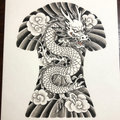 Intricate black and white Japanese dragon coiled through clouds in Irezumi style.