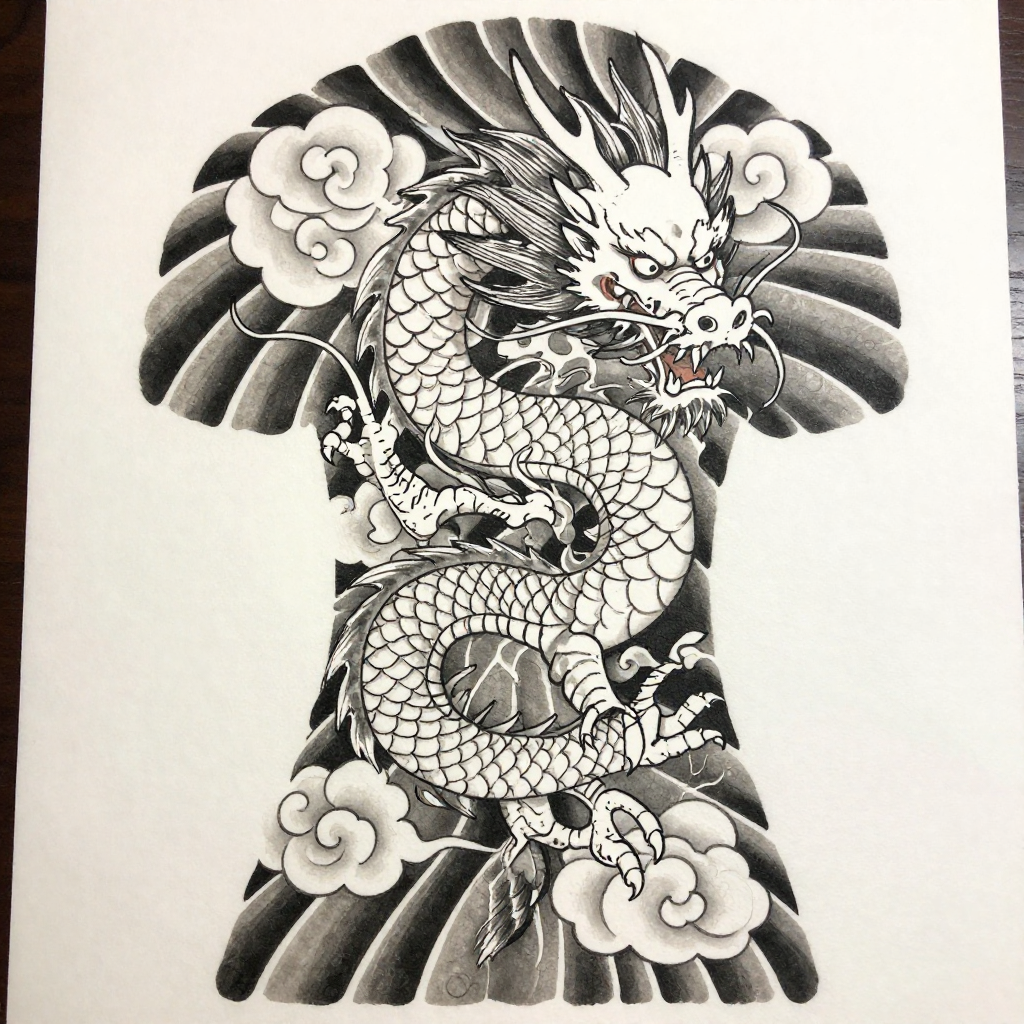 Intricate black and white Japanese dragon coiled through clouds in Irezumi style.