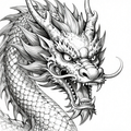 Intricate linework of a fierce dragon's head with flowing mane and sharp teeth in black and white.