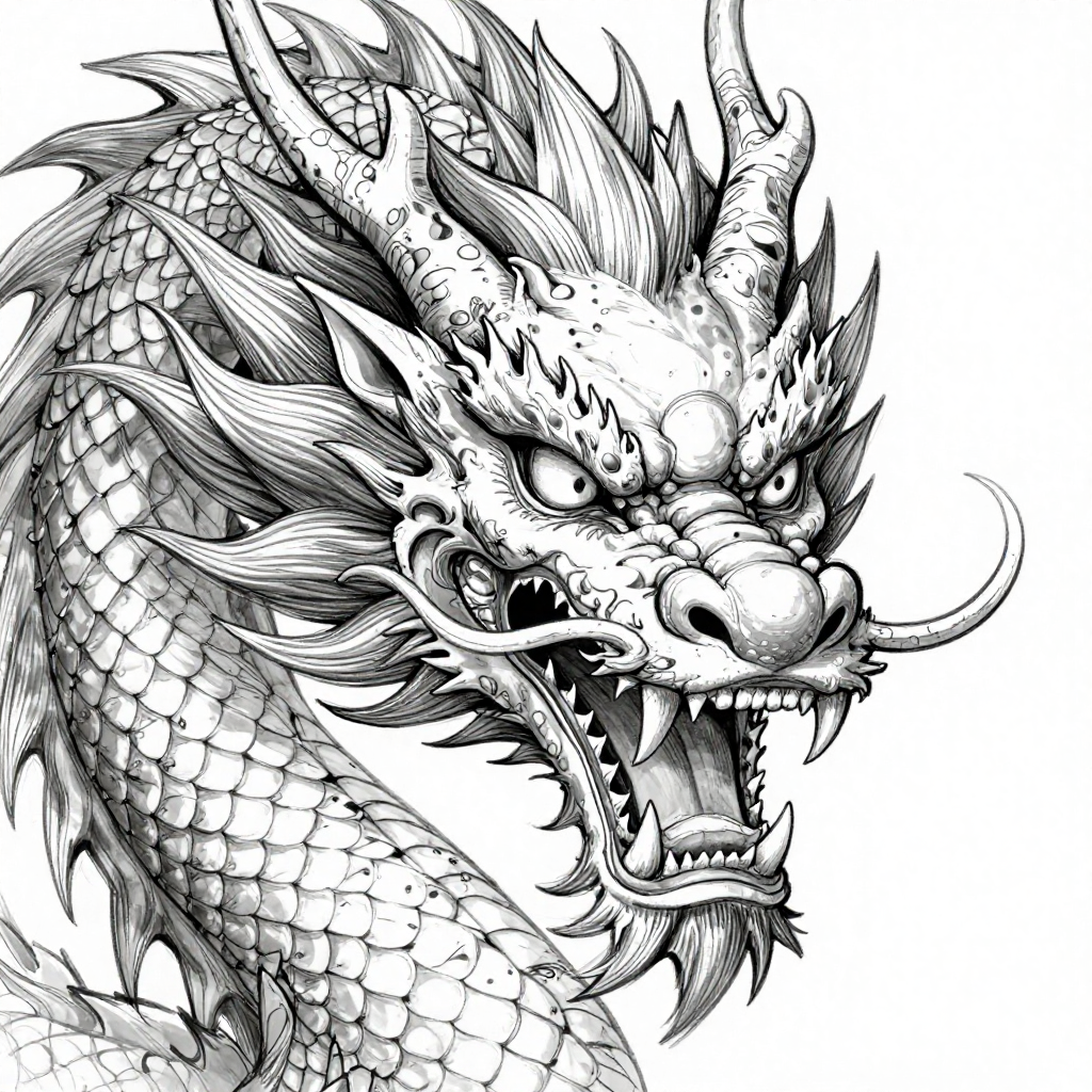 Intricate linework of a fierce dragon's head with flowing mane and sharp teeth in black and white.