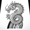 Black and white illustration of an oriental dragon in a dynamic pose with intricate scales.