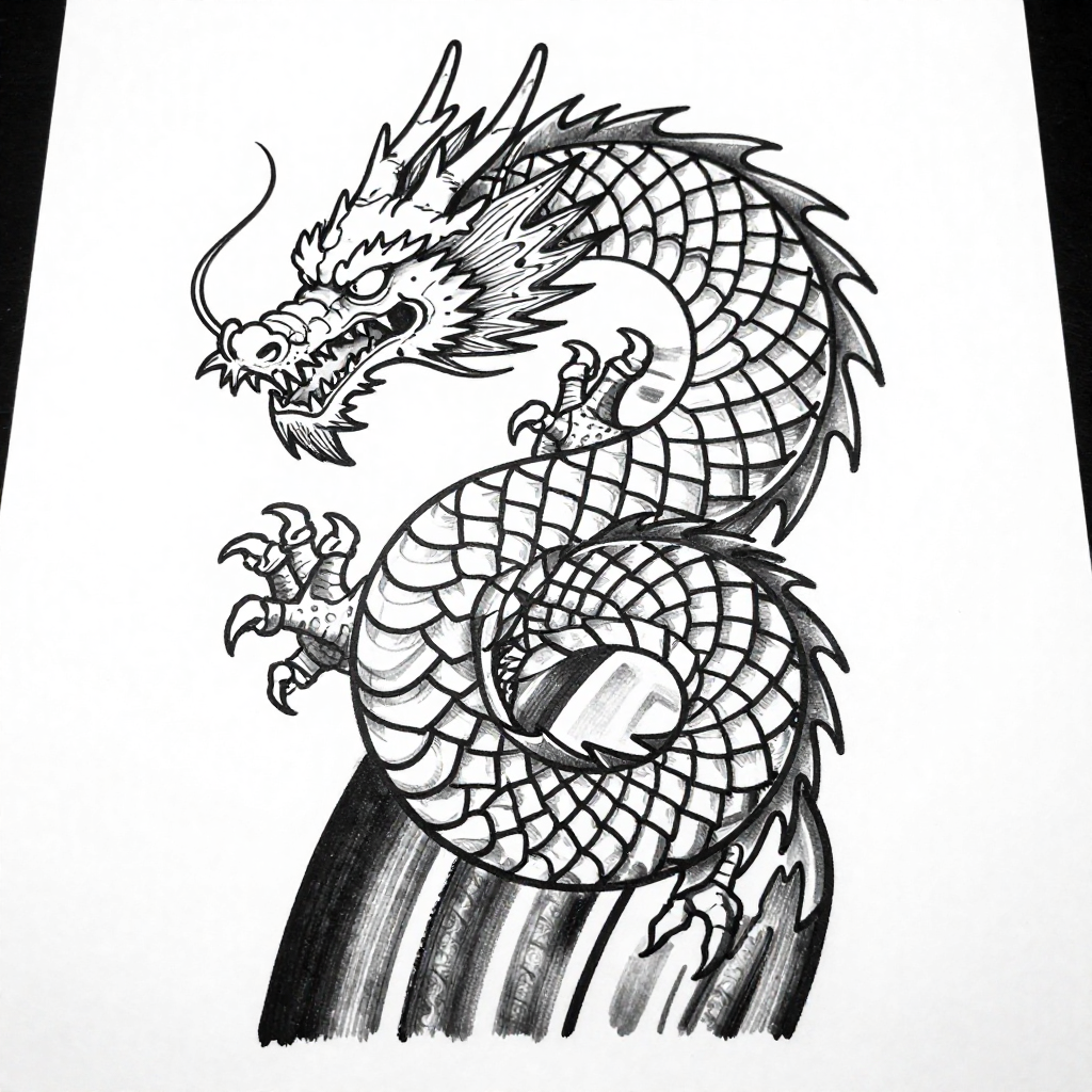 Black and white illustration of an oriental dragon in a dynamic pose with intricate scales.