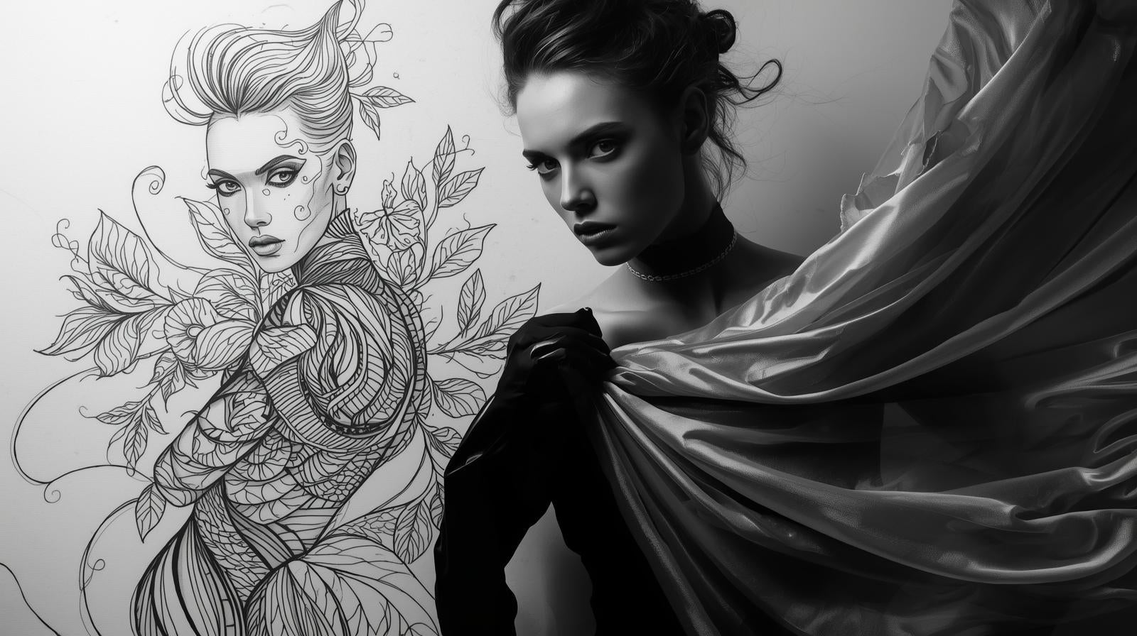 A woman in dramatic lighting with an intricate line-drawn counterpart, creating a surreal and artistic effect.