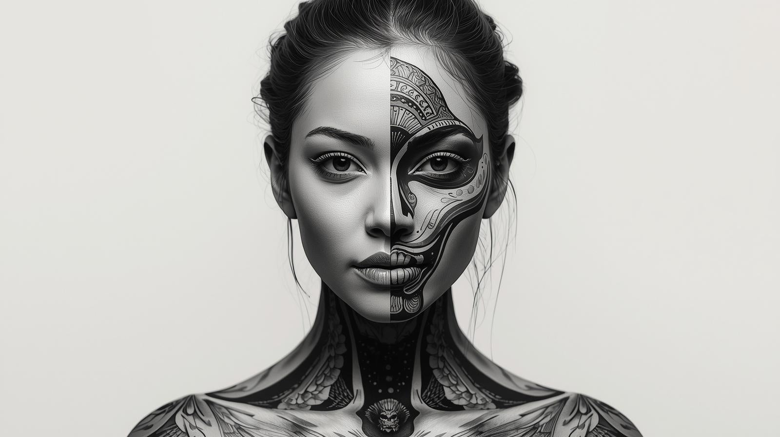 A woman's face is depicted in a black and white split-design, with one half realistic and the other intricately patterned.