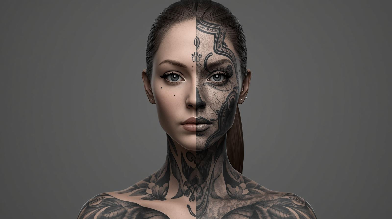Portrait of a woman's face split in half; one side features intricate designs while the other is natural.