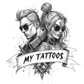 Illustration of a man and woman in sunglasses with a banner reading 'My Tattoos'.