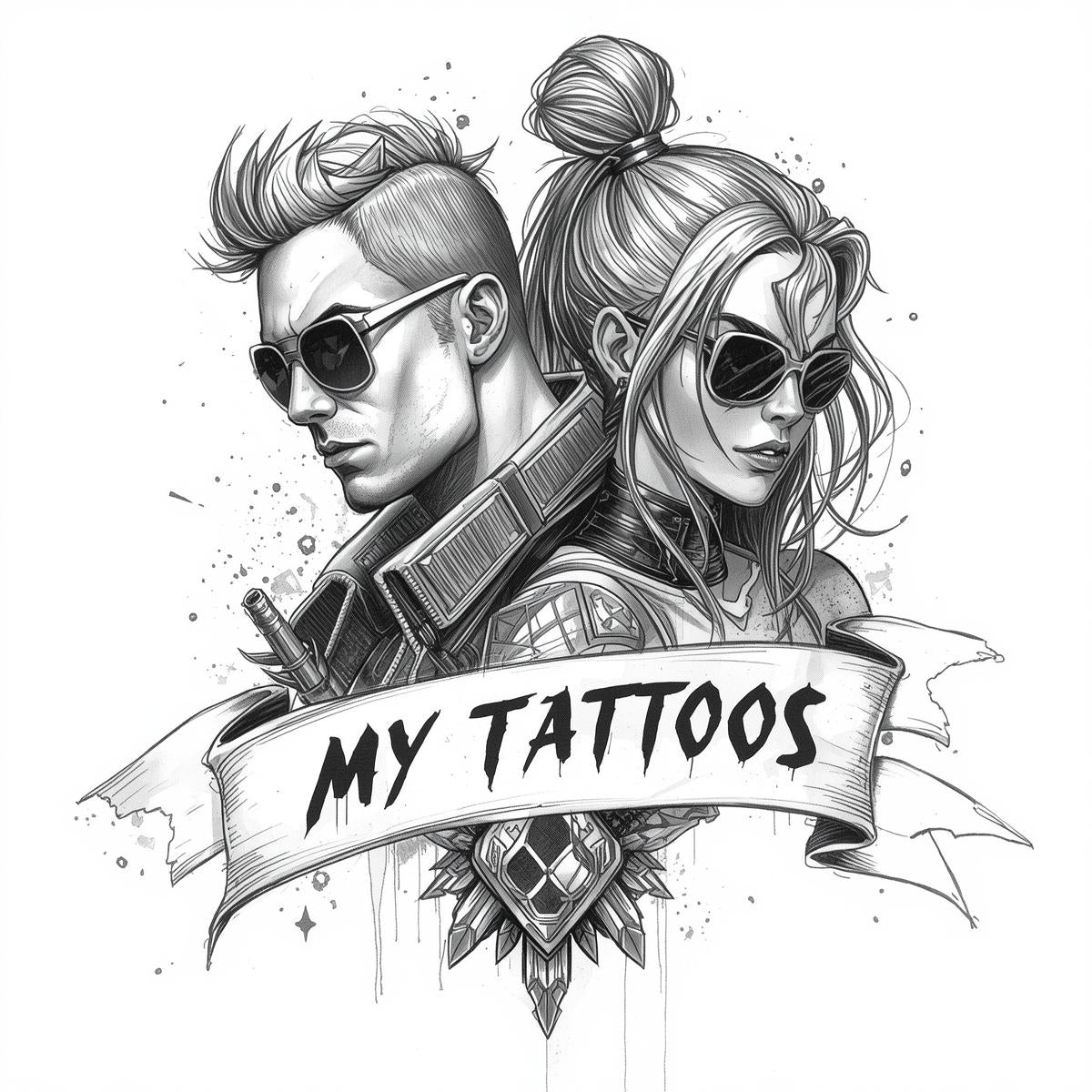 Illustration of a man and woman in sunglasses with a banner reading 'My Tattoos'.