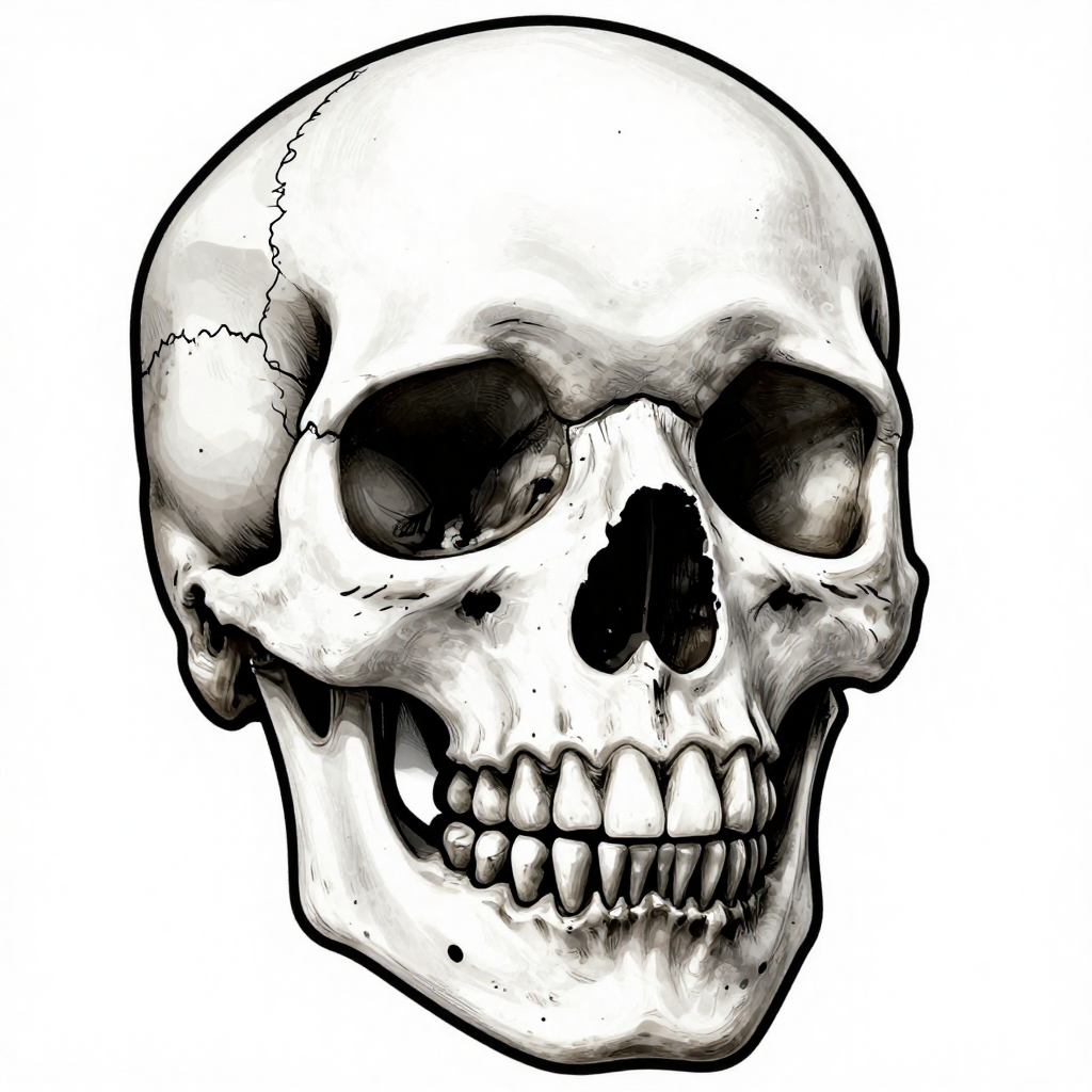 Detailed illustration of a human skull in black and white with intricate linework.