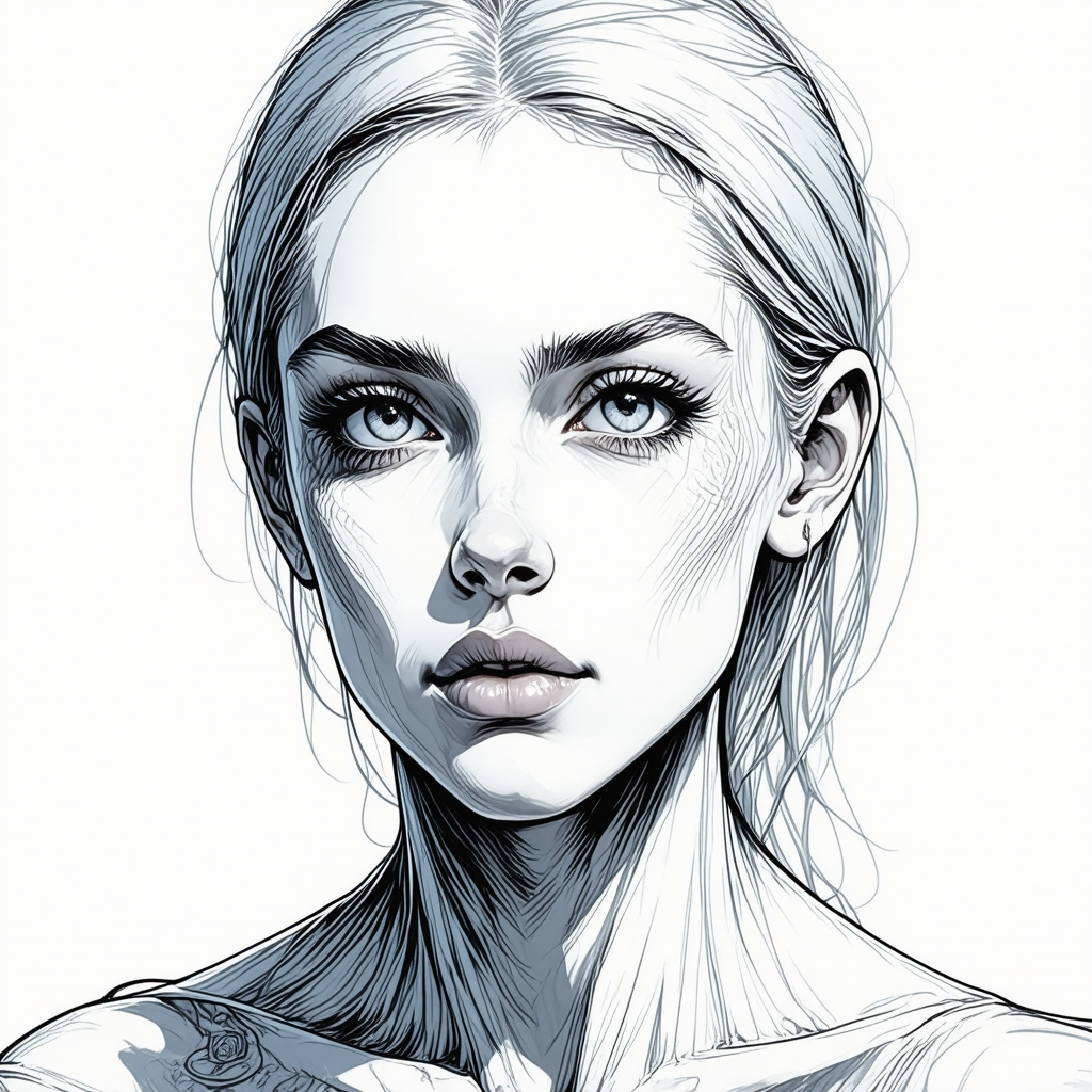 A detailed monochrome sketch of a woman with an intense gaze and delicate features.