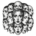 A surreal collage of overlapping faces in black and white with expressive eyes and intricate details.
