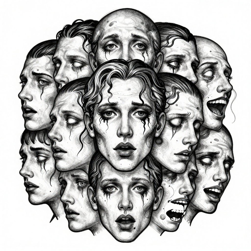 A surreal collage of overlapping faces in black and white with expressive eyes and intricate details.