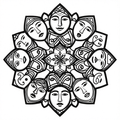 A geometric mandala featuring faces in a symmetrical design with bold black lines.