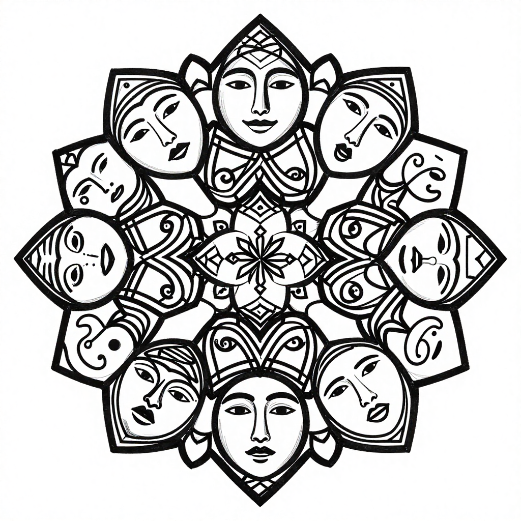 A geometric mandala featuring faces in a symmetrical design with bold black lines.