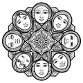 A mandala design featuring multiple faces in intricate black and white linework.