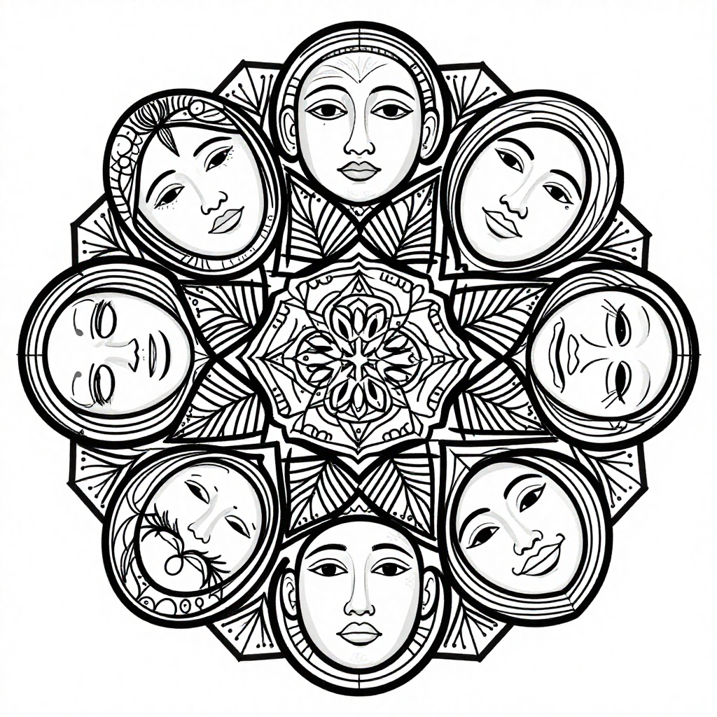 A mandala design featuring multiple faces in intricate black and white linework.