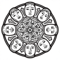 Intricate mandala design with tribal faces arranged in a circular pattern.