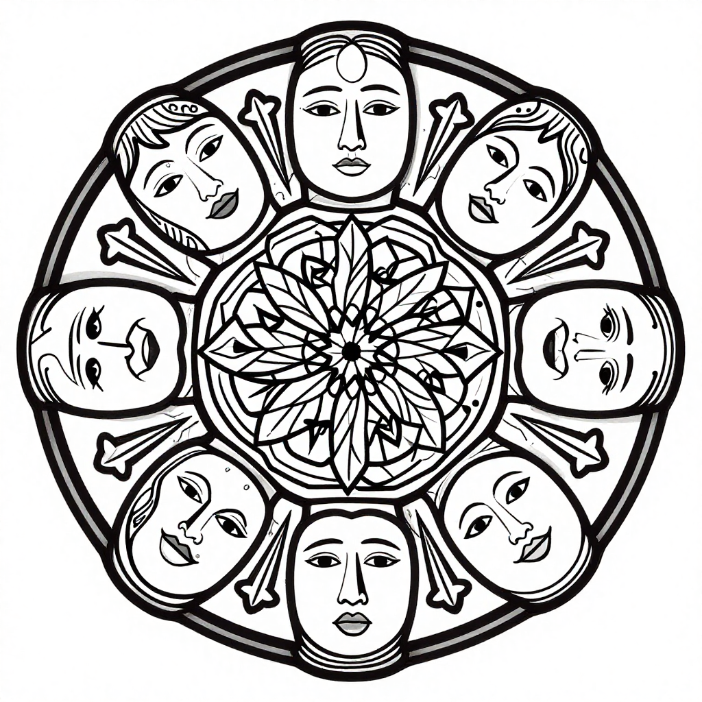 Intricate mandala design with tribal faces arranged in a circular pattern.