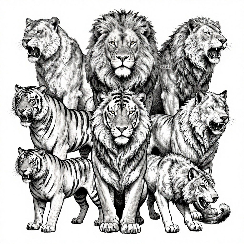 Illustration of lions and tigers in black and white showcasing their majestic presence.