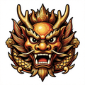 A neo-traditional dragon face with fierce eyes and intricate detailing in gold and orange hues.