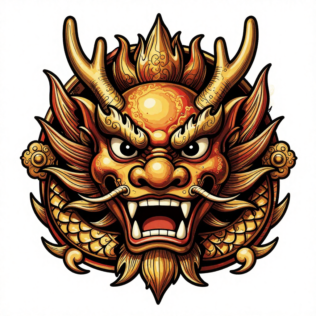 A neo-traditional dragon face with fierce eyes and intricate detailing in gold and orange hues.