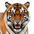 A close-up of a tiger's face with an open mouth and fierce expression in vivid colors.